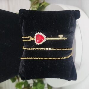 Gold Chain Necklace with Red CZ Heart Key Pendant